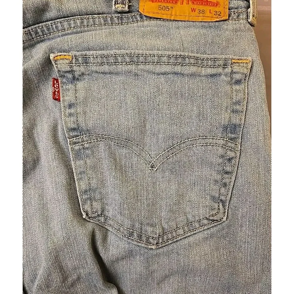Levis 505 Jeans Men‎ 38X32 Blue Light Wash Denim Straight Stretch Pants Workwear